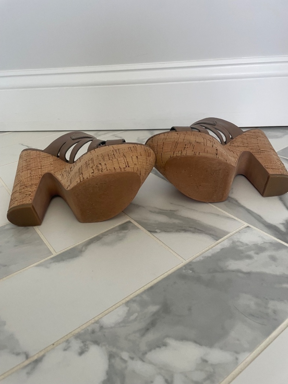 Sam Edelman Chase Cork Platform Sandals Taupe Leather High Heel Wedges - Picture 4 of 9